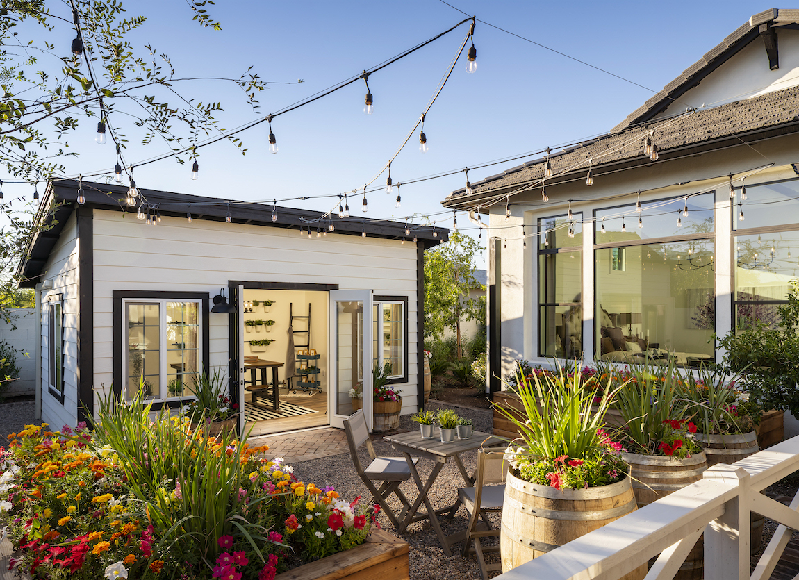 Garden and garden shed in backyard.