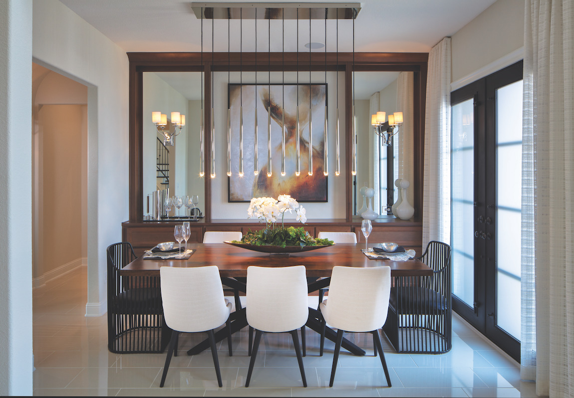 A transitional dining room that combines interior design styles to create a unique, unified atmosphere.