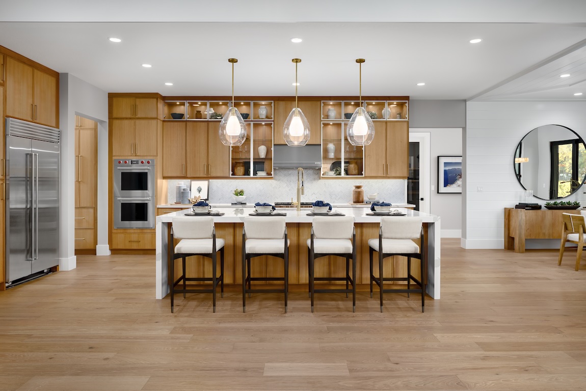 kitchen with wooden and glass cabinets