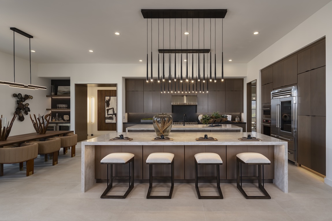 modern kitchen with double waterfall island