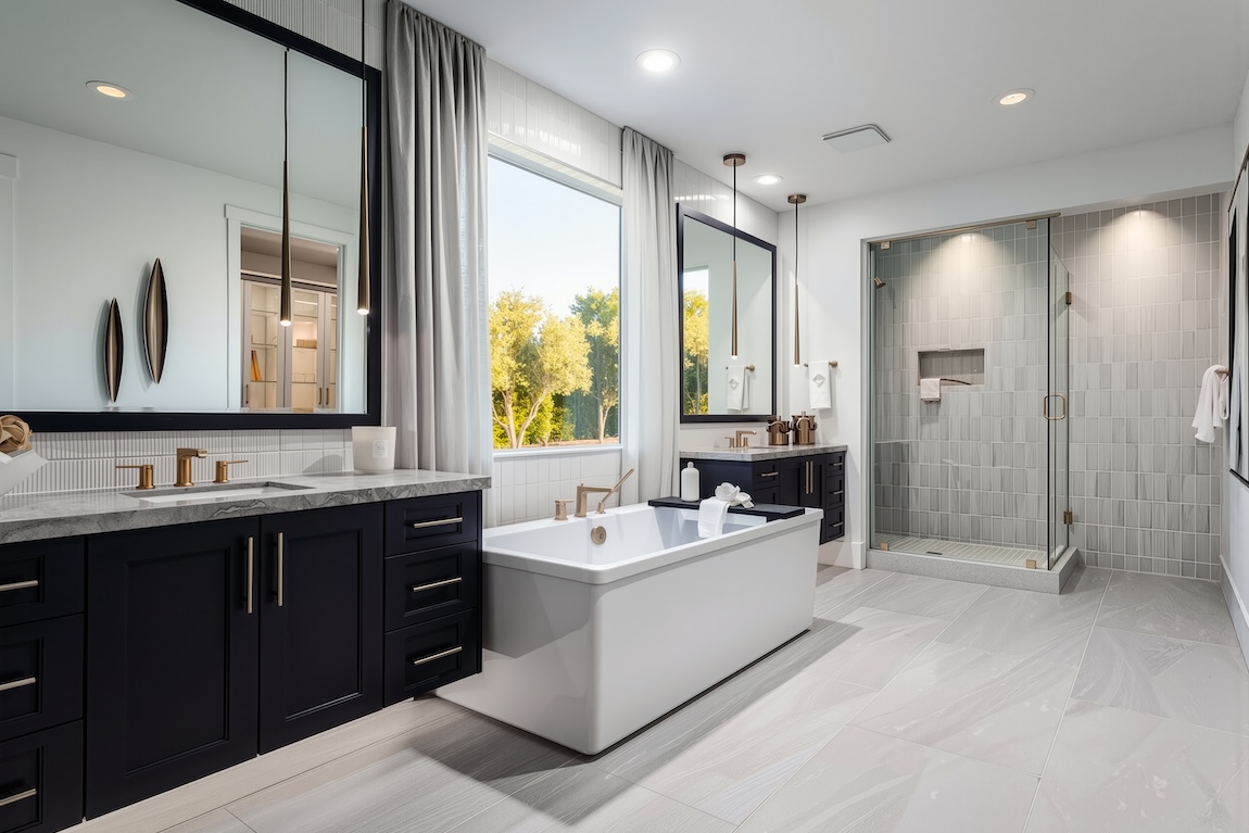 primary bathroom with floating cabinets