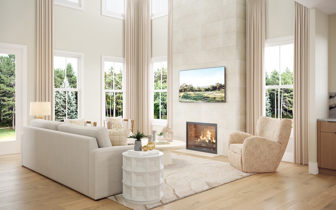 luxury great room with neutral color palette and a cozy fireplace setting