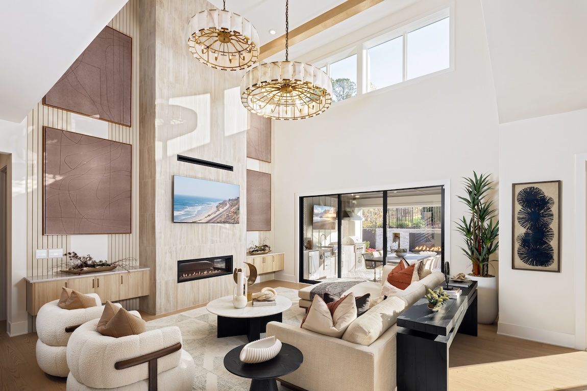 luxury two-story great room with statement chandliers.