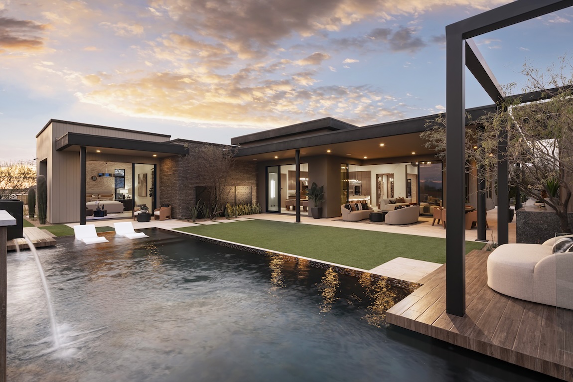 modern outdoor living space with pool and lounge spaces