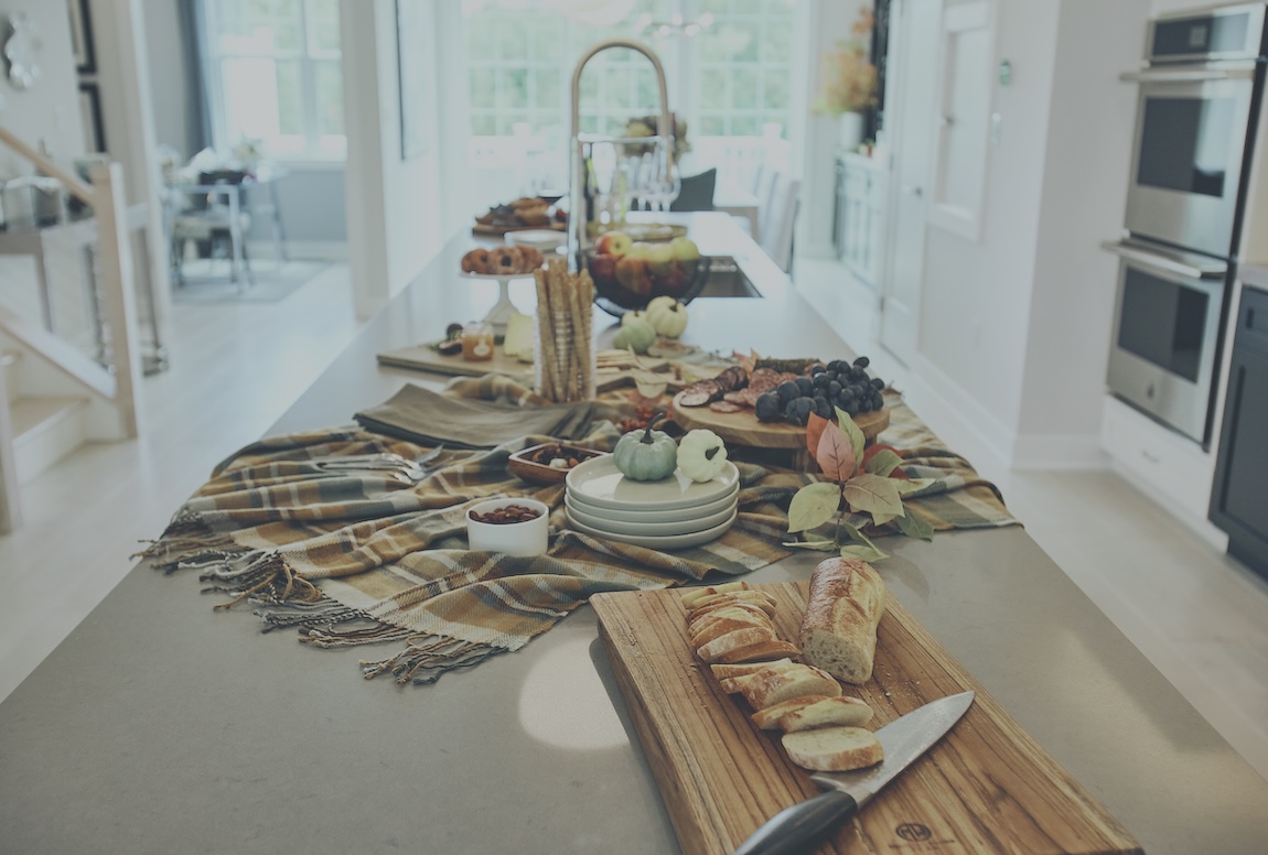 Kitchen island with holiday staging and food