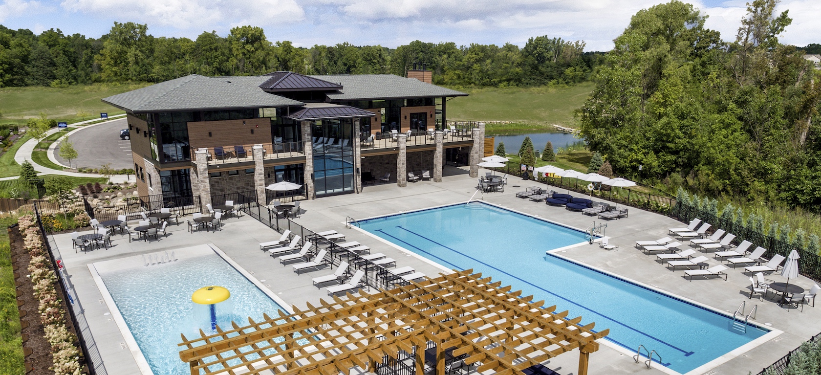Aerial view of clubhouse and pool at North Oaks of Ann Arbor community.