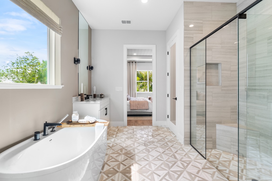 Luxury bathroom showcasing decorative tile design