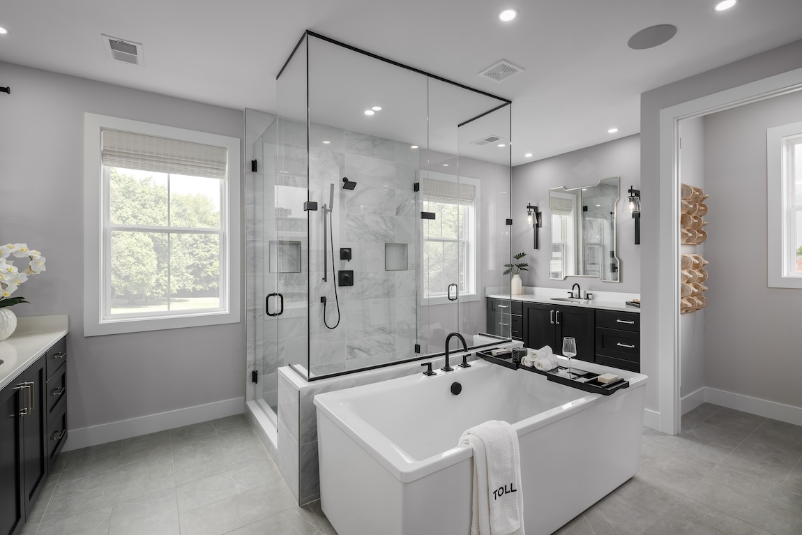 central walk-in shower and freestanding bathtub combination