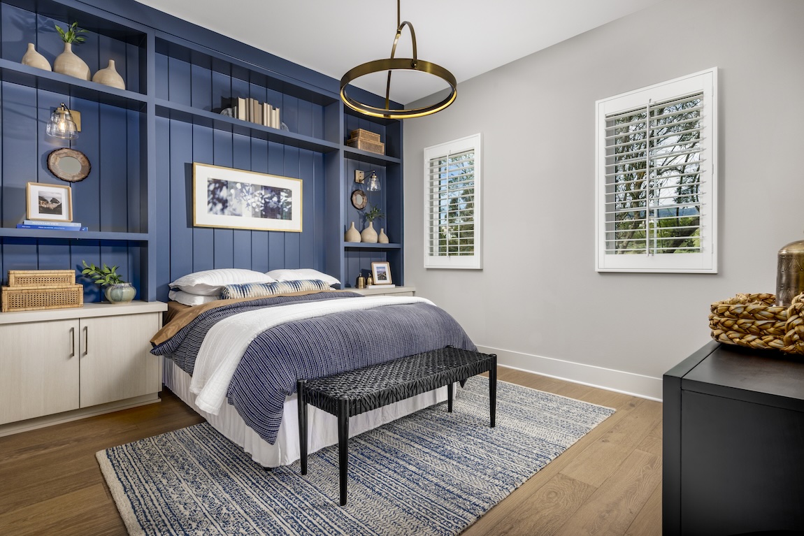 rustic blue bedroom design featuring shiplap wall