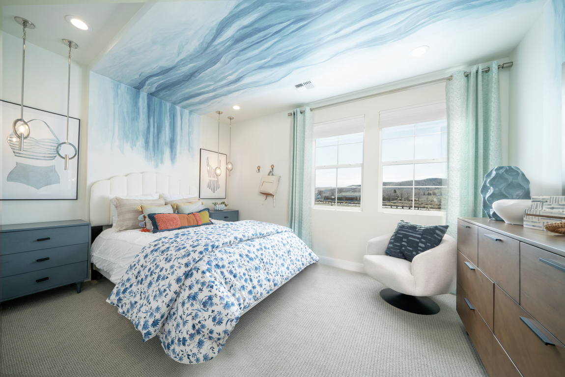 serene bedroom design featuring interesting accent ceiling