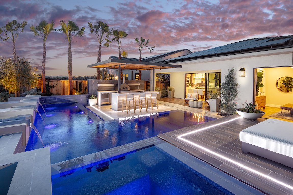 Outdoor dining area with a poolside bar