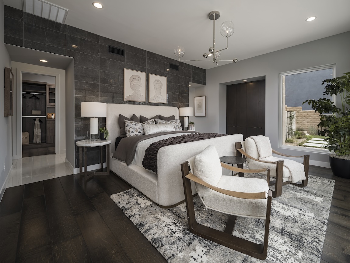 new industrial bedroom design featuring focal stone accent wall