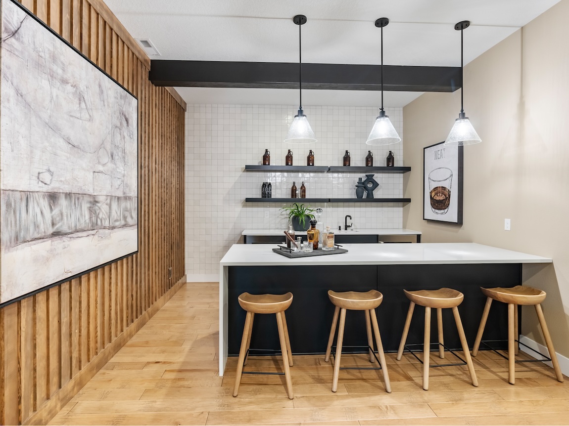 basement bar with accent wall