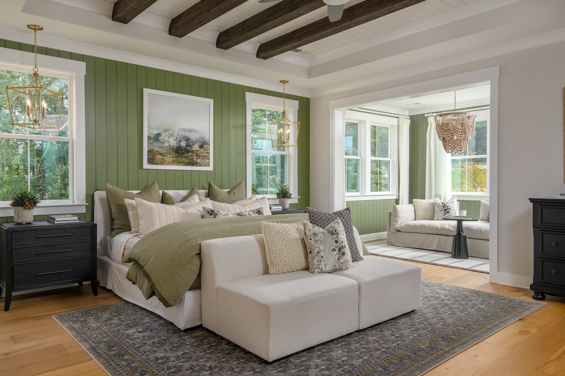 stunning modern farmhouse bedroom design highlighted by green shiplap accent wall