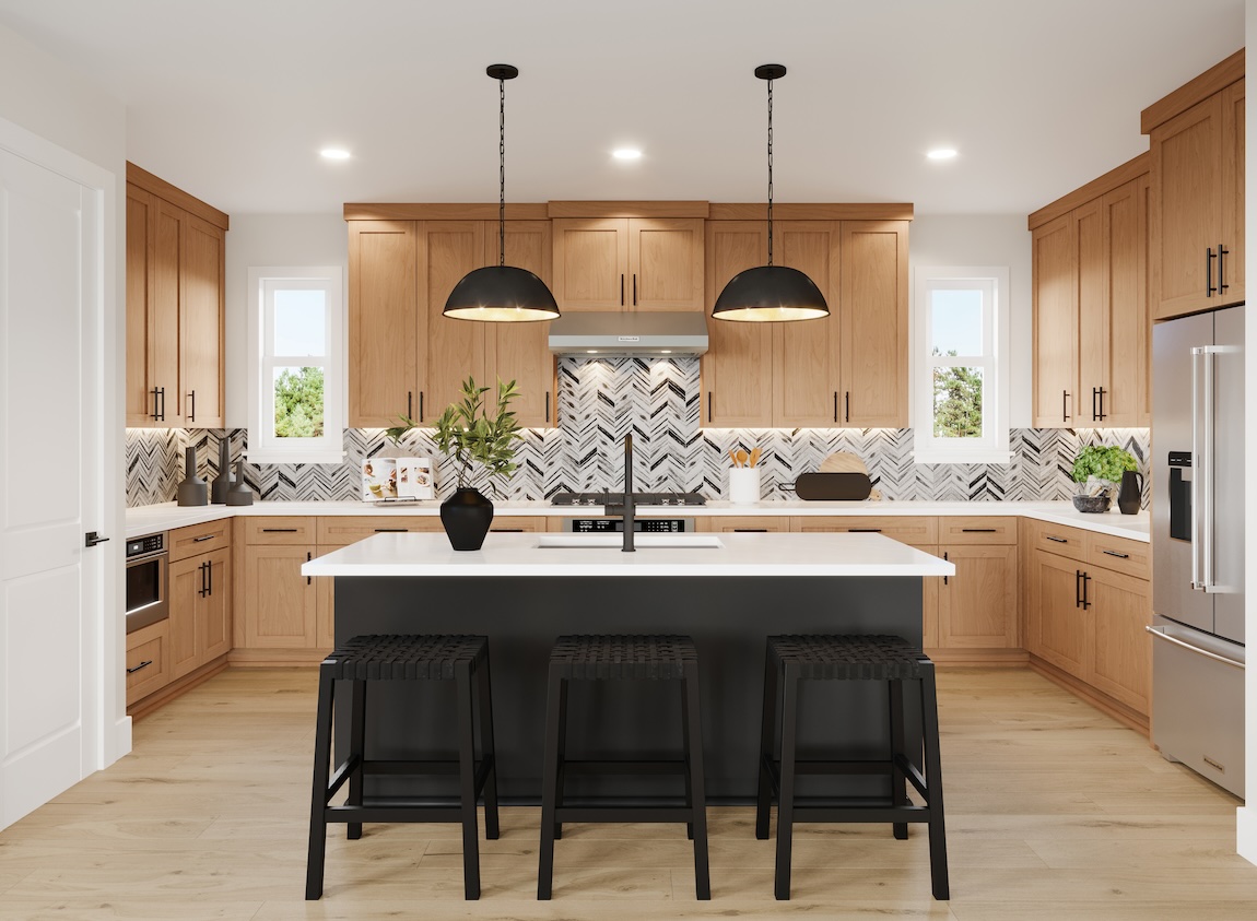 luxe modern kitchen with herringbone backsplash