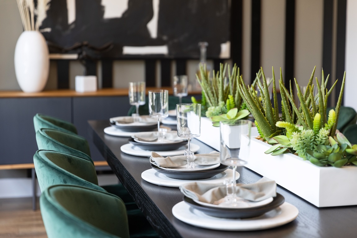 up-close table display complete with tabletop foliage and plant life