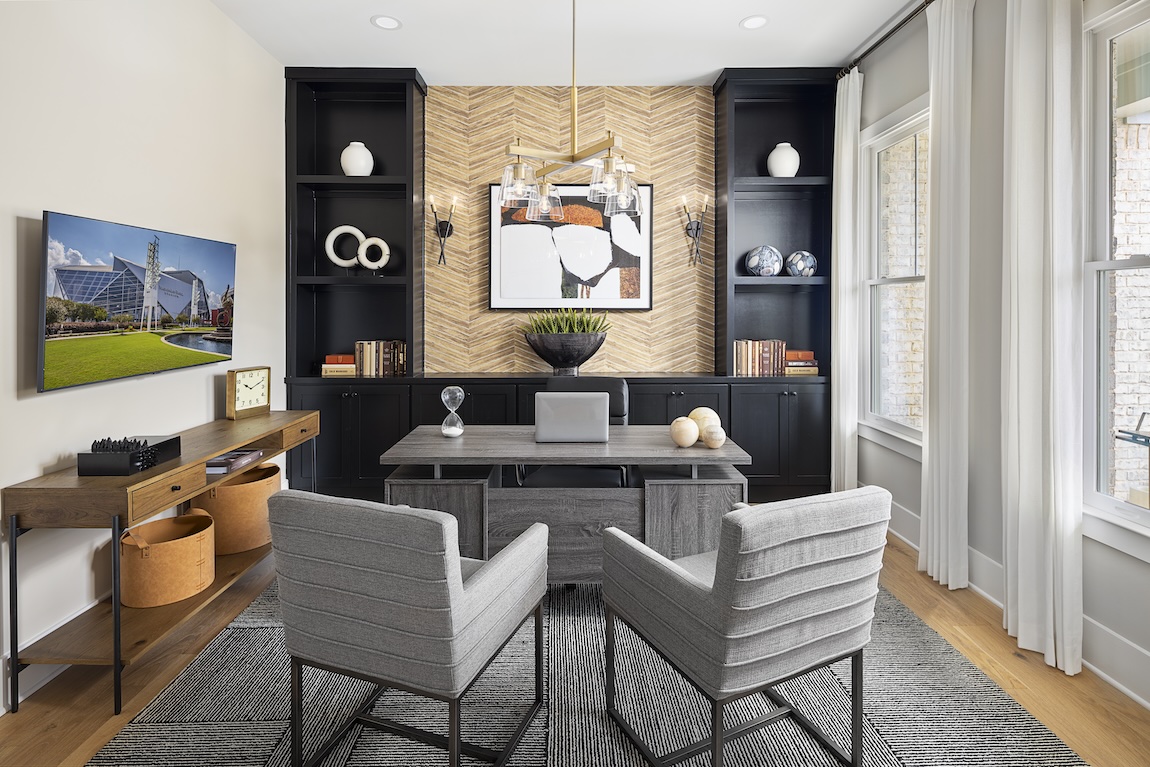 sophisticated home office featuring central herringbone accent wall