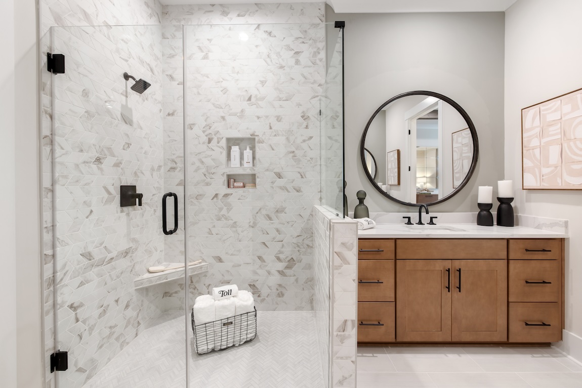 Luxe bathroom with herringbone shower tile