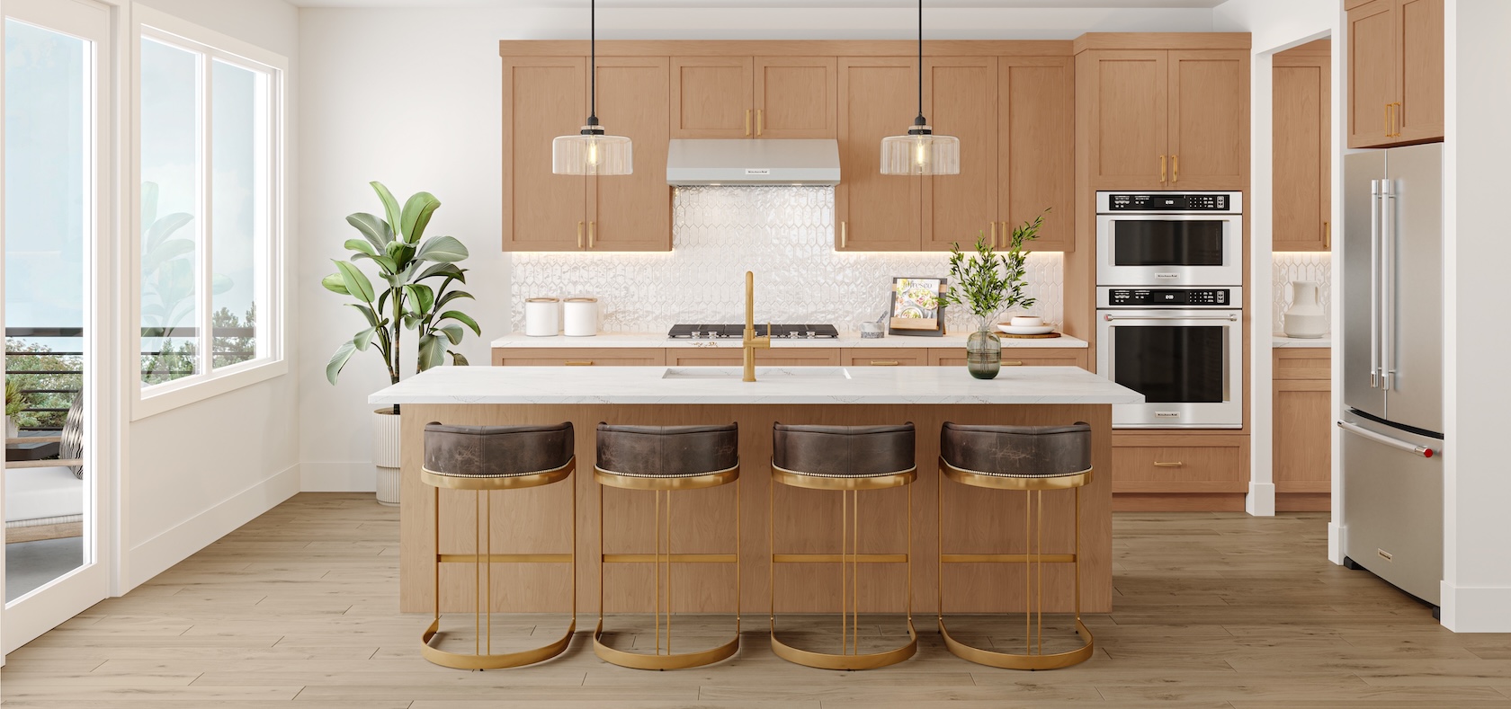 Luxury kitchen design with wood accents and gold metal brown barstools.