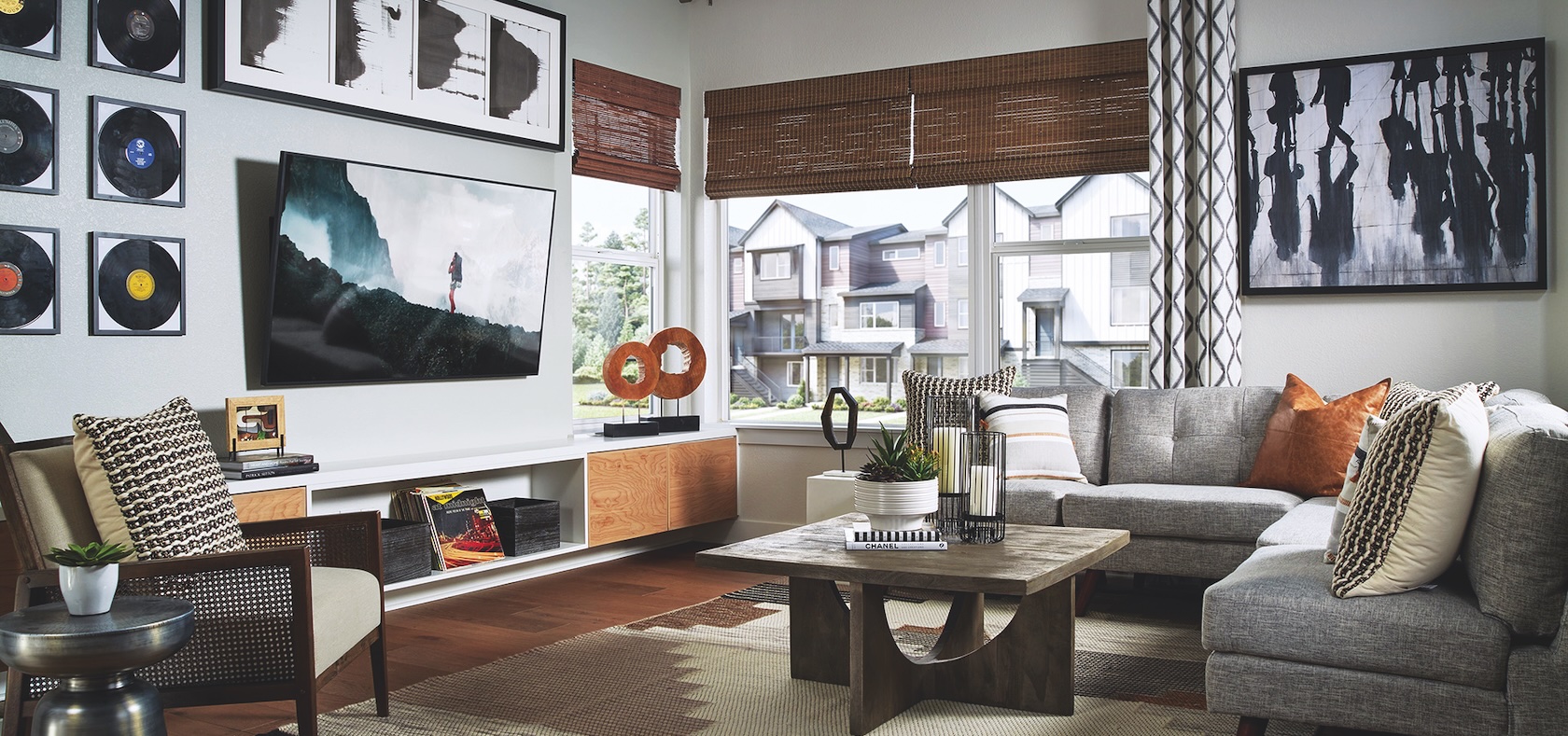 Luxury living space with vintage record accent wall design.